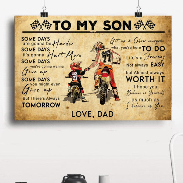 Personalized Motocross Poster, Canvas with custom Name, Number & Appearance, Vintage Dirt Bike Dad And Son - NTB0114B01DP