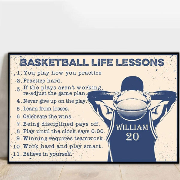Custom Personalized Basketball Life Lessons Poster, Canvas with custom Name & Number, Vintage Style NTB021902CL