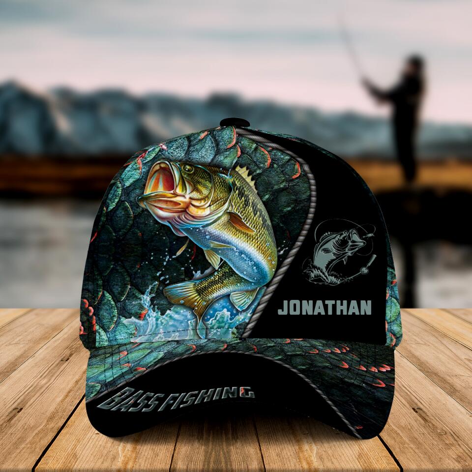 Personalized Bass Fishing Cap with custom Name, Fish Scales