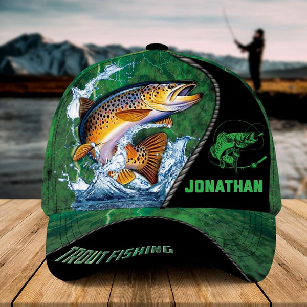 Personalized Trout Fishing Cap with custom Name, Trout Fishing With Camo Fish Scales Light Green NNH0209B02SA01