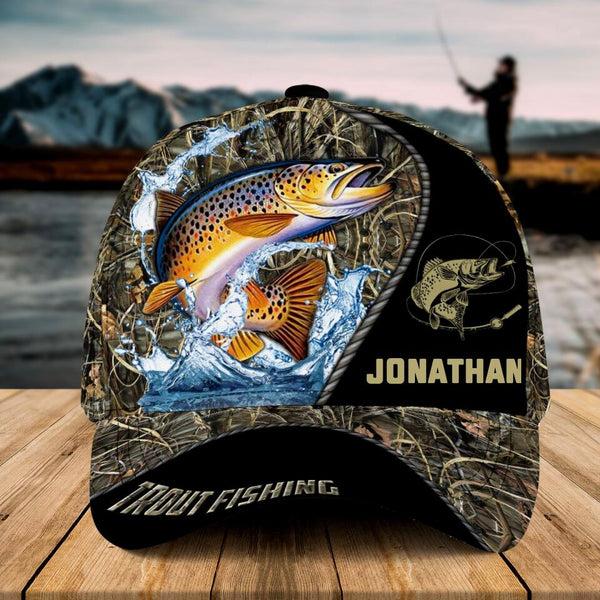 Personalized Trout Fishing Cap with custom Name, Trout Fishing With Camo Fish Scales Grass 2 NNH0209B02SA01