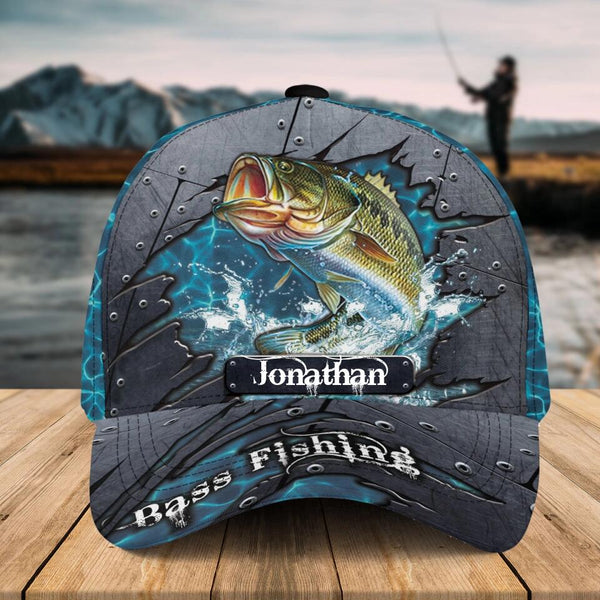 Custom Personalized Bass Fishing Cap with custom Name, Fish Aholic Water Blue NNH0210B01SA01