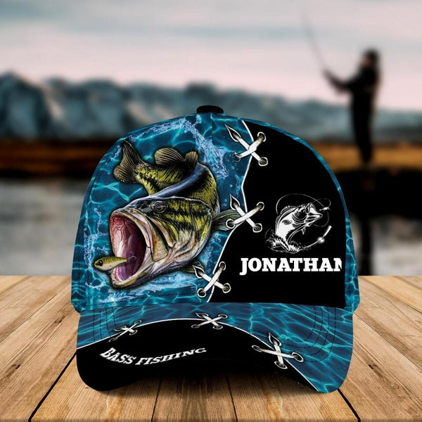 Custom Personalized Bass Fishing Cap with custom Name, Camo Appearance Water Blue NNH0118B01SA