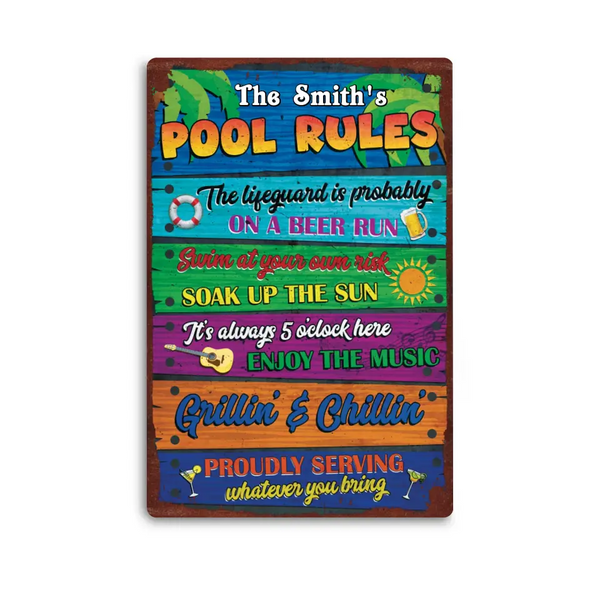 Custom Personalized BBQ Pool Rules Grillin' n Chillin' Decor Classic Metal Sign, Home Decor Metal Sign, Gifts For Pool Lovers To Decoration LTT0628C01SA