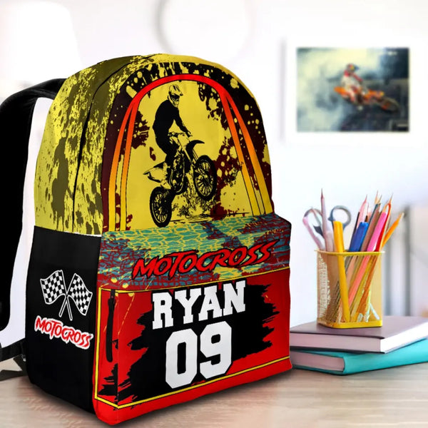 Motocross Dirt Bike Red-Yellow-Black Personalized Premium Kids Backpack, Back To School Gift Ideas, Backpack for Kids, Dirt Bike, Motocross Backpack for Kids, School LTT0712C01HV