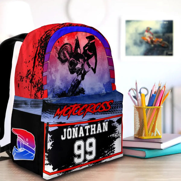 Motocross Red Blue White Personalized Premium Kids Backpack, Back To School Gift Ideas, Backpack Boys, Dirt Bike, Motocross Backpack for Kids, School LTT0711C01SA