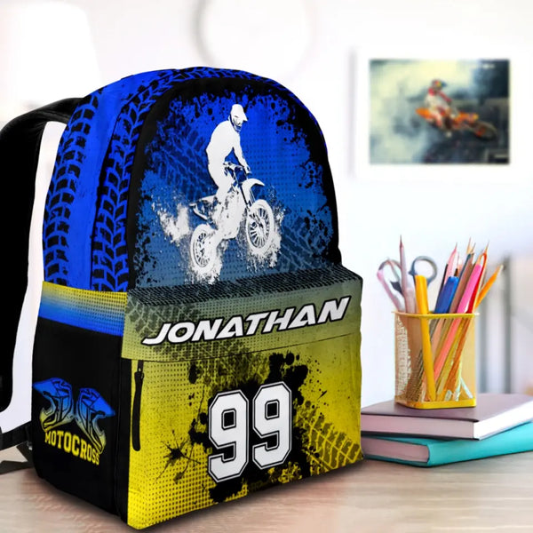 Motocross Blue Yellow Black  Personalized Premium Kids Backpack, Back To School Gift Ideas, Custom Backpack for Kids, Dirt Bike, Motocross Backpack for Kids, School LTT0713C02SA