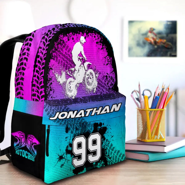 Motocross Cyan Black Pink Personalized Premium Kids Backpack, Back To School Gift Ideas, Custom Backpack for Kids, Dirt Bike, Motocross Backpack for Kids, School LTT0713C02SA