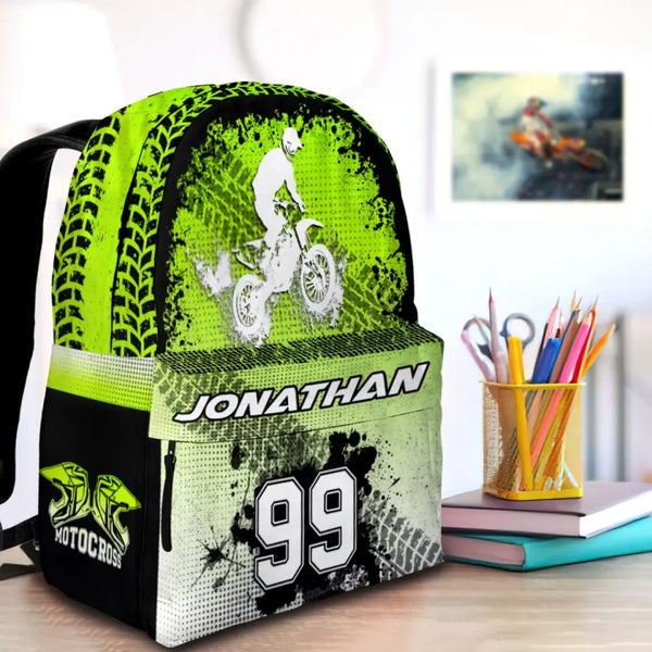 Motocross Green Black White Personalized Premium Kids Backpack, Back To School Gift Ideas, Custom Backpack for Kids, Dirt Bike, Motocross Backpack for Kids, School LTT0713C02SA