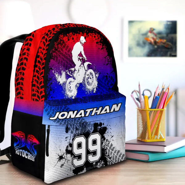 Motocross Red Blue White Personalized Premium Kids Backpack, Back To School Gift Ideas, Custom Backpack for Kids, Dirt Bike, Motocross Backpack for Kids, School LTT0713C02SA