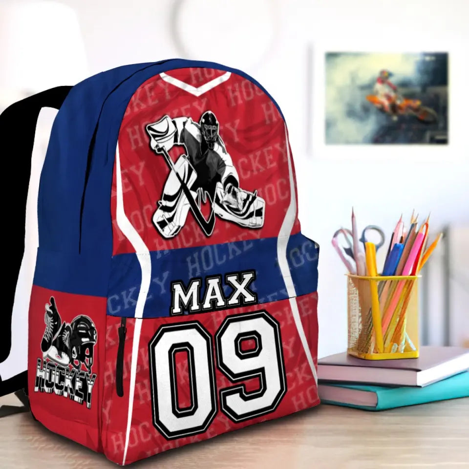 Ice Hockey Red White Personalized Premium Kids Backpack, Back To Schoo