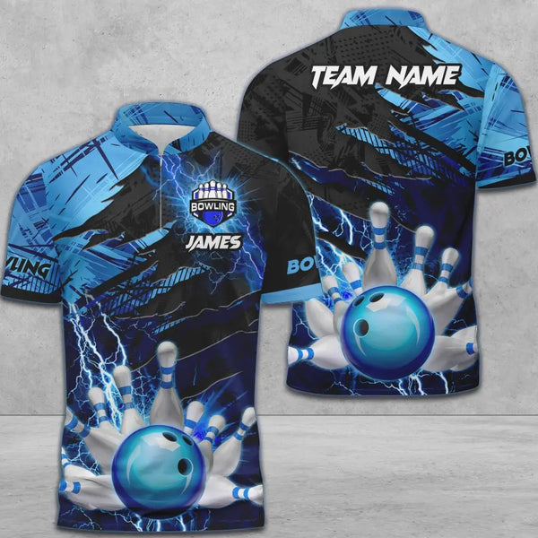 Custom Personalizes 3D Zipper Polo,  Bowling and Pins Abstract Grunge Texture, Multicolor Options, Perfect Gift for Bowlers, Gift for Team Men Women HTL0609C01DP