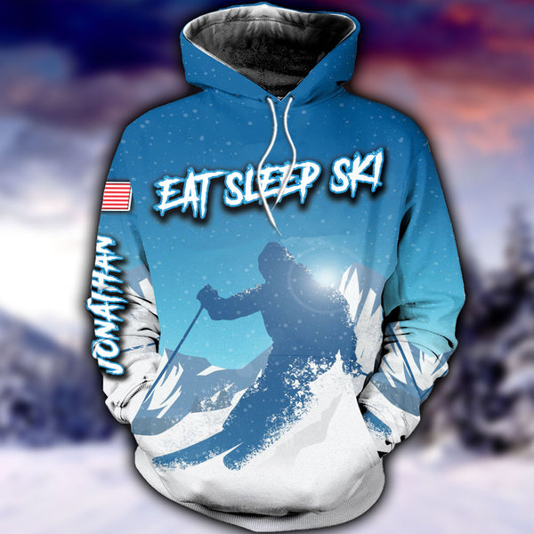 Skiing Eat Sleep Ski Name & Country Flag Personalized All Over Print Hoodie Dbq0913B09Bsa