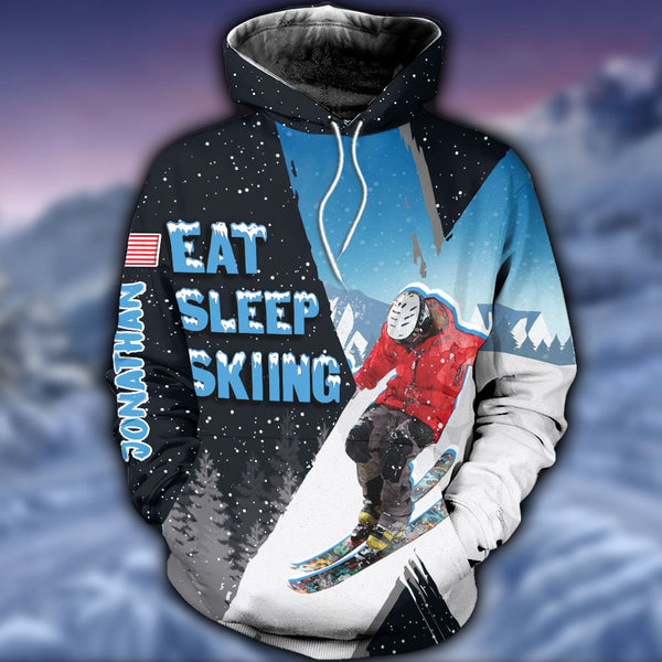 Skiing Eat Sleep Ski Name & Country Flag Personalized All Over Print Hoodie Dbq0913B08Csa