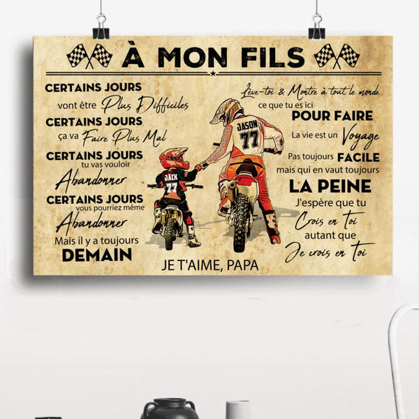 Custom Personalized Motocross Poster, Canvas with custom Name, Number & Appearance, Vintage Dirt Bike Dad And Son, French Gifts NTB0303B01DP