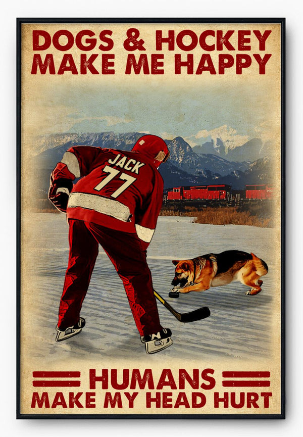 Custom Personalized Ice Hockey Poster, Canvas, Vintage Style, Hockey Gifts, Gifts For Hockey Player, Gifts For Dog Lovers With Custom Name, Number & Appearance LTL0707B01DP