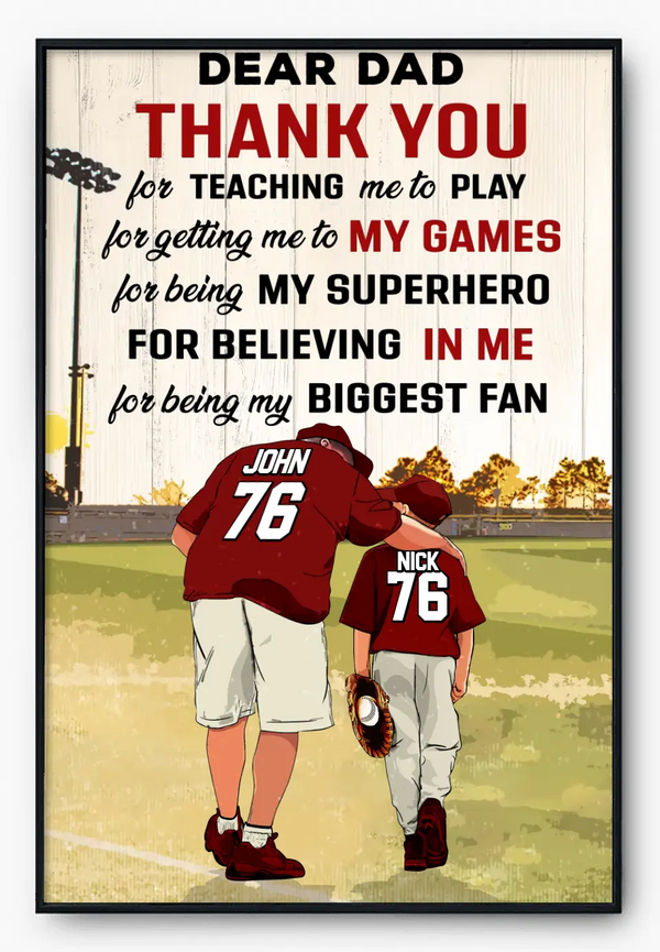 Custom Personalized Baseball Poster, Canvas with custom Name, Number & Appearance, Dear Dad, Thank You For Teaching Me To Play, Baseball Gift, Gifts For Baseball Players, Sport Gifts For Son, Baseball Lover Gifts NHT0529C01SA