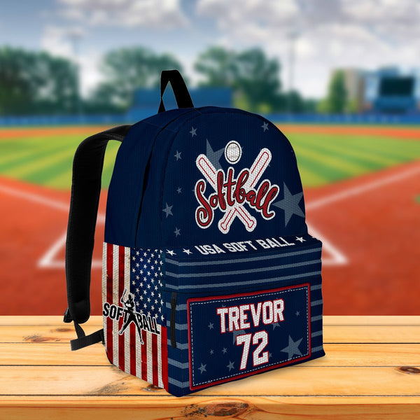 Softball America Name & Number Personalized Kids Backpack, Back To School Gift Ideas Thedp0817002