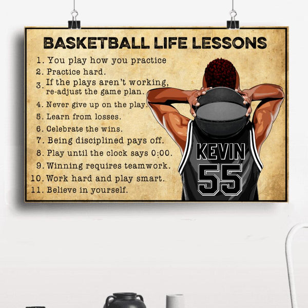 Custom Personalized Motivational Basketball Life Lessons Poster, Canvas with custom Name, Number & Appearance, Vintage Style NTB0215B02DP