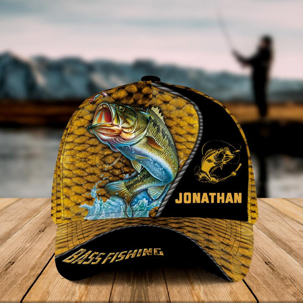 Personalized Bass Fishing Cap with custom Name, Fish Scales Yellow NNH0117B03SA