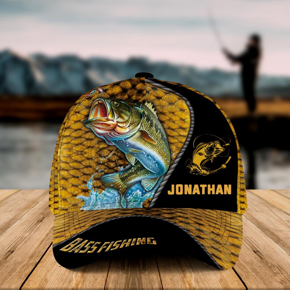 Personalized Bass Fishing Cap with custom Name, Fish Scales Yellow NNH –  Unitrophy