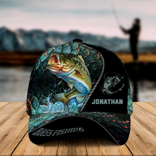 Personalized Bass Fishing Cap with custom Name, Fish Scales Green NNH0117B03SA