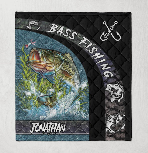 Custom Personalized Bass Fishing Quilt Blanket, Quilt Bedding Set with custom Name NNH0216B02SA