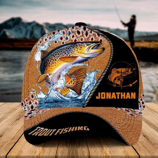 Personalized Trout Fishing Cap with custom Name, Trout Fishing With Camo Fish Scales Yellow NNH0209B02SA01