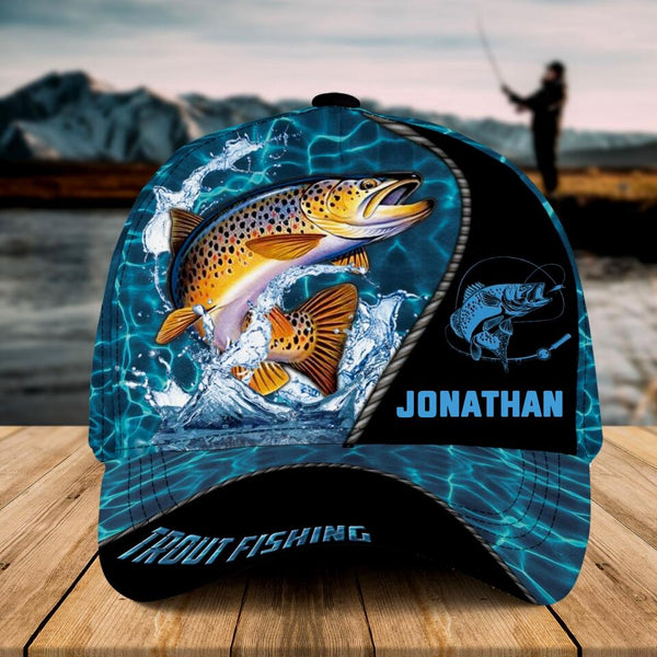 Personalized Trout Fishing Cap with custom Name, Trout Fishing With Camo Fish Scales Water Blue NNH0209B02SA01