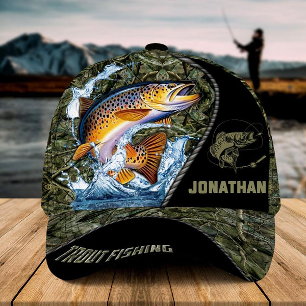 Personalized Trout Fishing Cap with custom Name, Trout Fishing With Camo Fish Scales Grass 1 NNH0209B02SA01