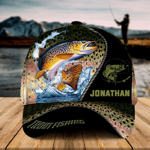 Personalized Trout Fishing Cap with custom Name, Trout Fishing With Camo Fish Scales Green NNH0209B02SA01