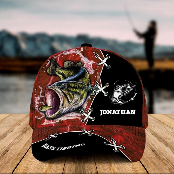 Custom Personalized Bass Fishing Cap with custom Name, Camo Appearance Red Light NNH0118B01SA