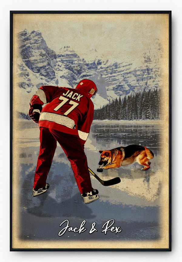 Custom Personalized Ice Hockey Poster, Canvas, Vintage Style, Hockey Gifts, Gifts For Hockey Player, Gifts For Dog Lovers With Custom Name, Number & Appearance LTL0714B01DP