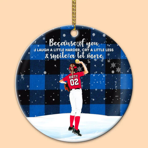 Custom Personalized Softball Ceramic Circle Ornament, Gift For Softball Players, Christmas Gift For Daughter , Life Is Better With Family With Custom Name, Number, Appearance & Landscape LTL1012O04DA