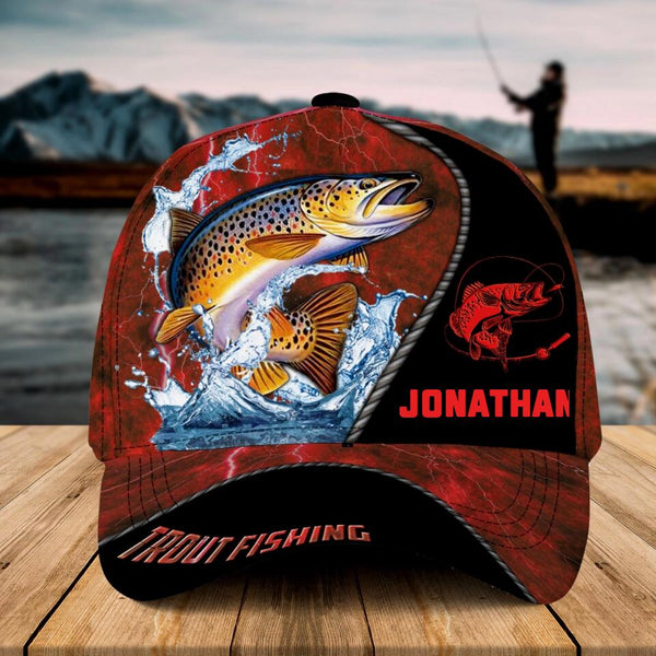 Personalized Trout Fishing Cap with custom Name, Trout Fishing With Camo Fish Scales Red Light NNH0209B02SA01