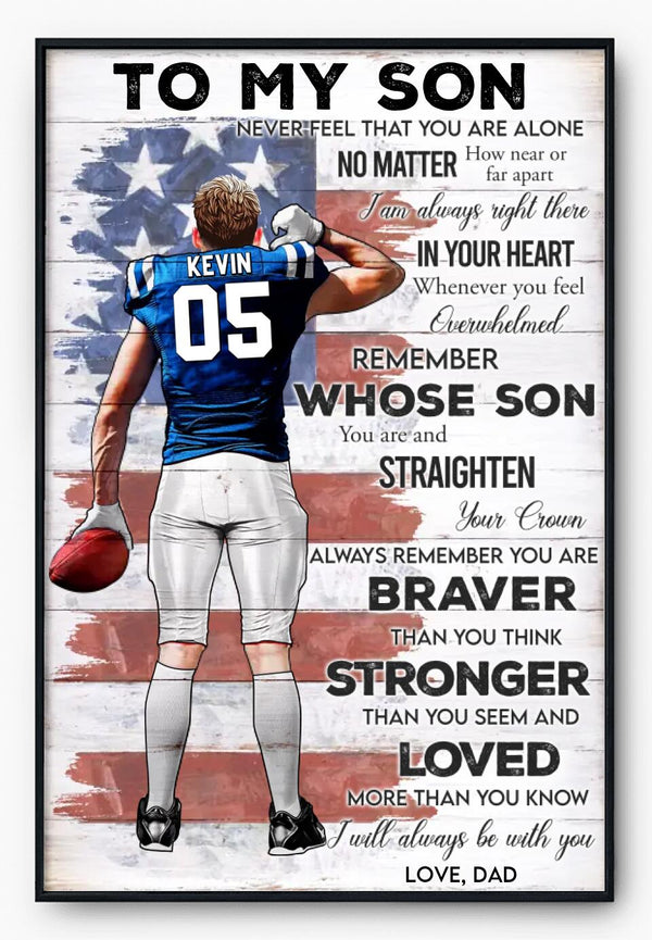 Custom Personalized Football Poster, Canvas with custom Name, Number & Appearance, Football Gift, Gifts For Football Players, Sport Gifts For Son, Football Lover Gifts, Braver Stronger Loved LML0116C02DA