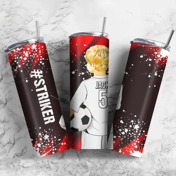 Custom Personalized Soccer Tumbler, Soccer 20Oz Skinny Tumbler With Abstract Background , Soccer Gift, Gifts For Soccer Players, Sport Gifts For Son, Gifts For Your Soccer Lovers With Custom Name, Number & Appearance DPT0424C02DP