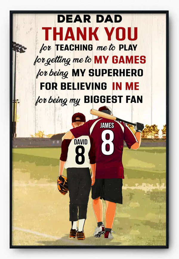 Custom Personalized Dear Dad, Thank You For Teaching Me To Play Baseball Poster, Canvas with custom Name, Number & Appearance, Baseball Gift, Gifts For Baseball Players, Sport Gifts For Son, Baseball Lover Gifts NHT0529C03SA