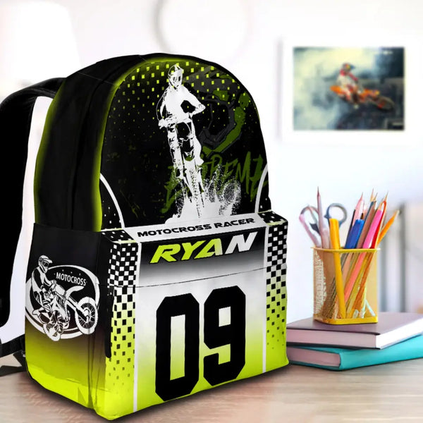 Motocross Black-White-Light Green  Personalized Premium Kids Backpack, Back To School Gift Ideas, Backpack Boys, Dirt Bike, Motocross Backpack for Kids, School LTT0711C03DP