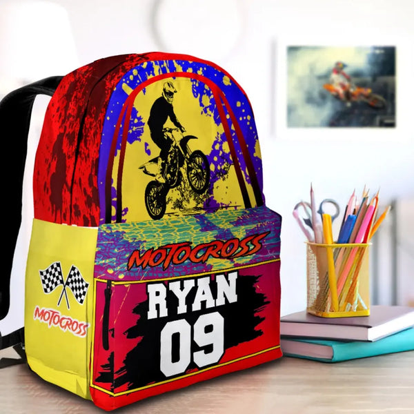 Motocross Dirt Bike Red-Black-Blue-Yellow  Personalized Premium Kids Backpack, Back To School Gift Ideas, Backpack for Kids, Dirt Bike, Motocross Backpack for Kids, School LTT0712C01HV