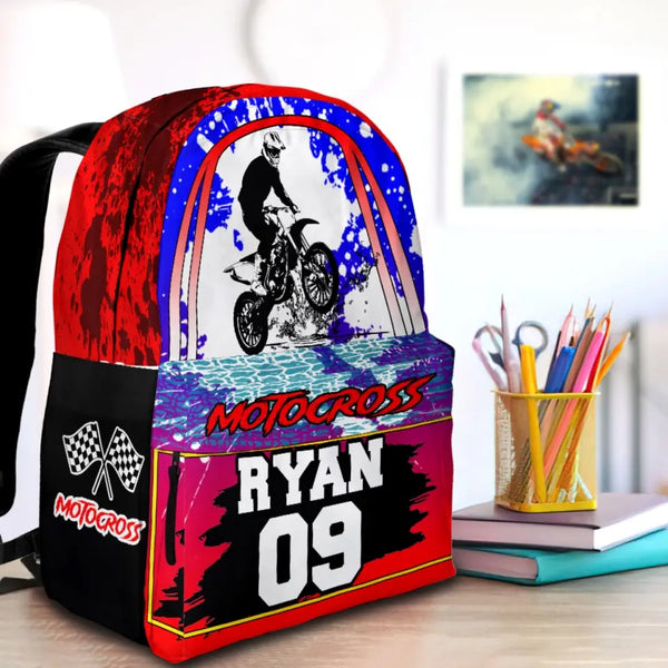 Motocross Dirt Bike Red-White-Blue Personalized Premium Kids Backpack, Back To School Gift Ideas, Backpack for Kids, Dirt Bike, Motocross Backpack for Kids, School LTT0712C01HV