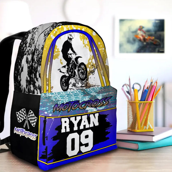 Motocross Dirt Bike Blue-Yellow-Black Personalized Premium Kids Backpack, Back To School Gift Ideas, Backpack for Kids, Dirt Bike, Motocross Backpack for Kids, School LTT0712C01HV