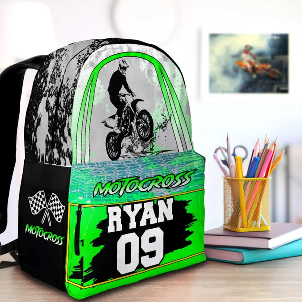Motocross Dirt Bike Green-White-Black Personalized Premium Kids Backpack, Back To School Gift Ideas, Backpack for Kids, Dirt Bike, Motocross Backpack for Kids, School LTT0712C01HV