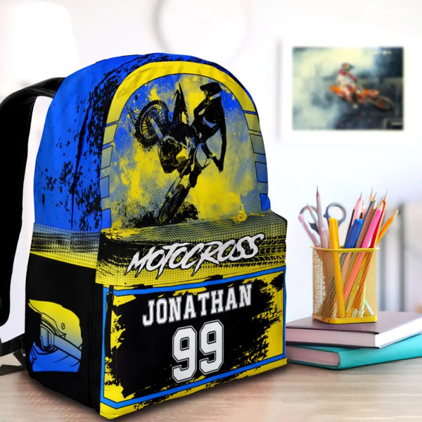 Motocross Blue Yellow Black Personalized Premium Kids Backpack, Back To School Gift Ideas, Backpack Boys, Dirt Bike, Motocross Backpack for Kids, School LTT0711C01SA