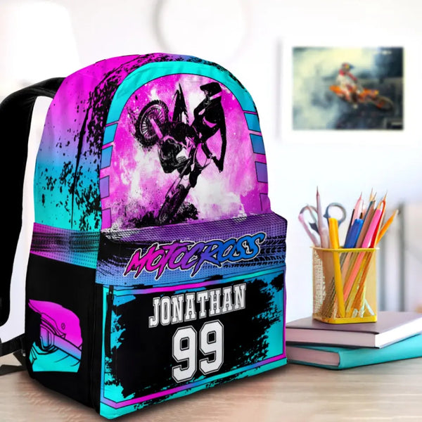 Motocross Cyan Black Pink Personalized Premium Kids Backpack, Back To School Gift Ideas, Backpack Boys, Dirt Bike, Motocross Backpack for Kids, School LTT0711C01SA