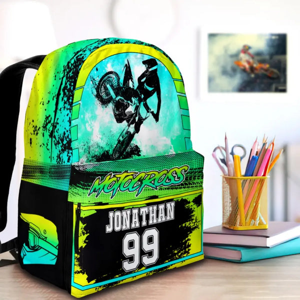 Motocross Yellow Cyan Black Personalized Premium Kids Backpack, Back To School Gift Ideas, Backpack Boys, Dirt Bike, Motocross Backpack for Kids, School LTT0711C01SA