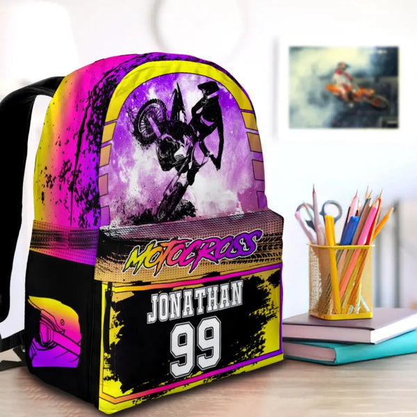 Motocross Yellow Pink Violet Personalized Premium Kids Backpack, Back To School Gift Ideas, Backpack Boys, Dirt Bike, Motocross Backpack for Kids, School LTT0711C01SA