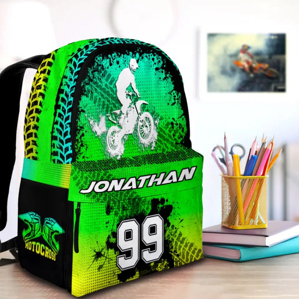 Motocross Cyan Green Yellow Personalized Premium Kids Backpack, Back To School Gift Ideas, Custom Backpack for Kids, Dirt Bike, Motocross Backpack for Kids, School LTT0713C02SA
