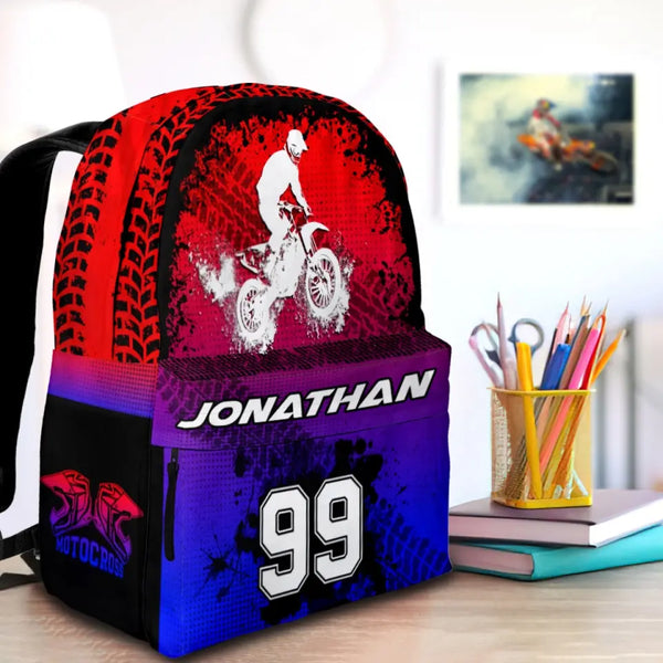 Motocross Red Blue Black Personalized Premium Kids Backpack, Back To School Gift Ideas, Custom Backpack for Kids, Dirt Bike, Motocross Backpack for Kids, School LTT0713C02SA