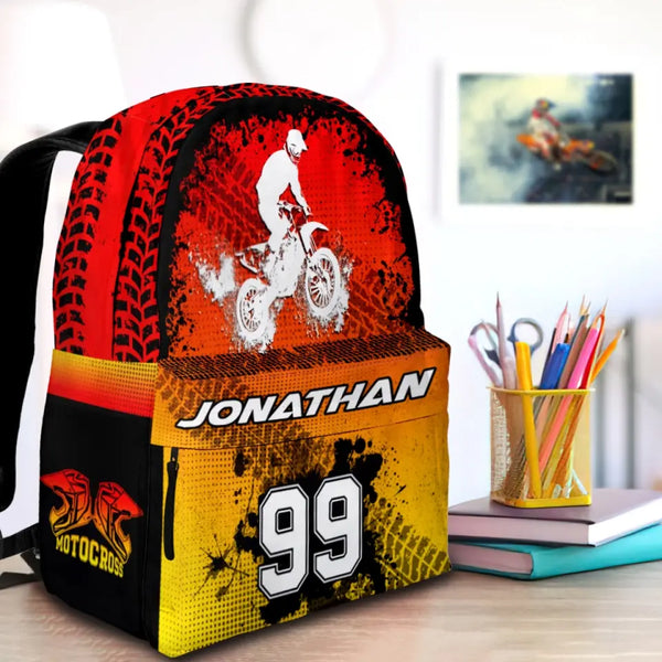 Motocross Red Yellow Black Personalized Premium Kids Backpack, Back To School Gift Ideas, Custom Backpack for Kids, Dirt Bike, Motocross Backpack for Kids, School LTT0713C02SA